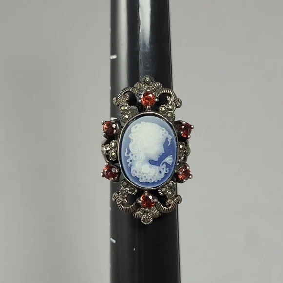 Gothic Blue Cameo And Garnet 925 ss Ring 7.5 jewelry - Picture 3 of 10